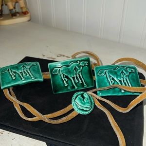 OOAK Ceramic handmade tile on leather horse equestrian western belt or hat band